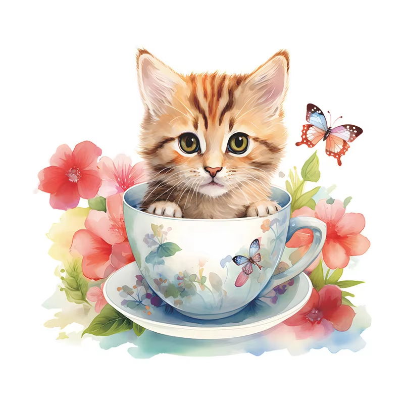 Home Bathroom Tiles - Stiker Dinding Motif Bunga Kucing Teacup,
